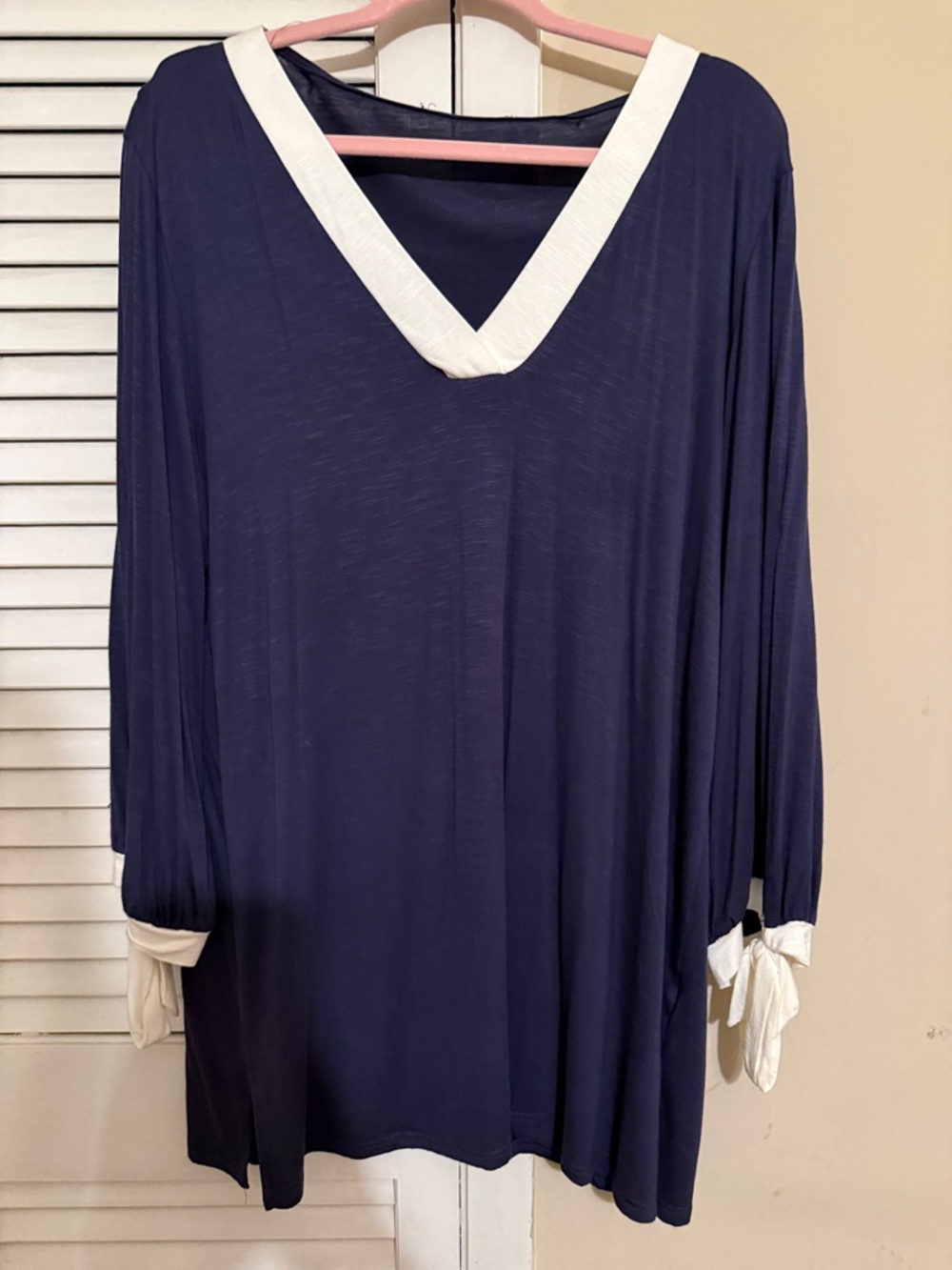 Navy V-Neck Tunic with White Tie Sleeves